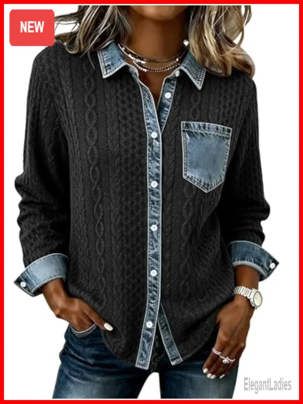 Denim Patchwork Shacket Button Down Loose Long Sleeve Jacket Women Fall Casual